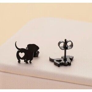 Black DACHSHUND Dog Puppy Earrings CUT-OUT HEART on Bottom